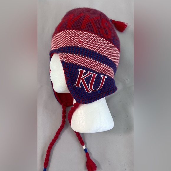 Adidas Kansas Jayhawks Beanie Winter Hat Skull Ski Cap Blue Red‎ Ear Flaps - Picture 1 of 10